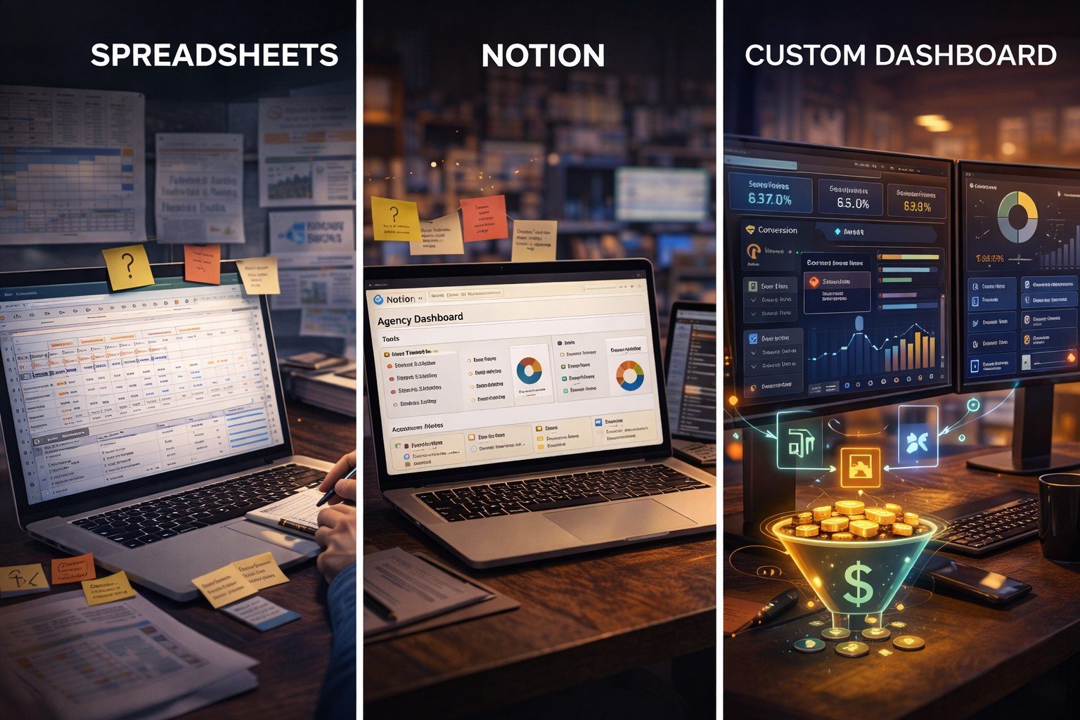 Dashboard personalizado, Notion ou planilha? Quando migrar para sistema próprio